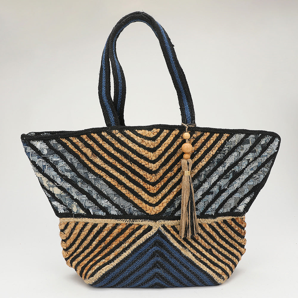 Chevron Woven Wooden Tassel Straw Tote Bag