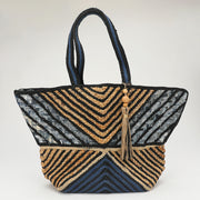Chevron Woven Wooden Tassel Straw Tote Bag