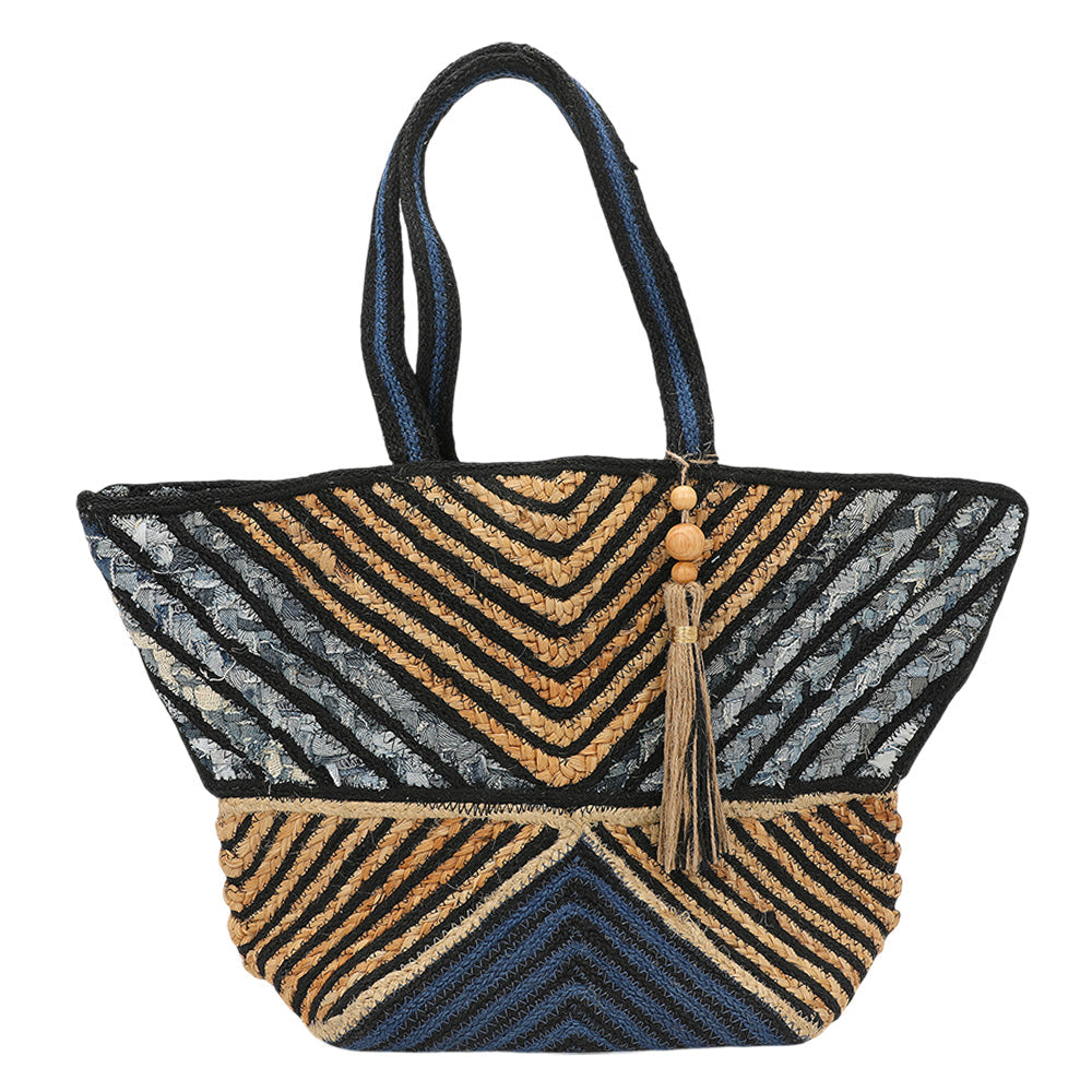 Chevron Woven Wooden Tassel Straw Tote Bag