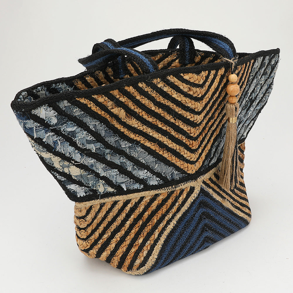 Chevron Woven Wooden Tassel Straw Tote Bag