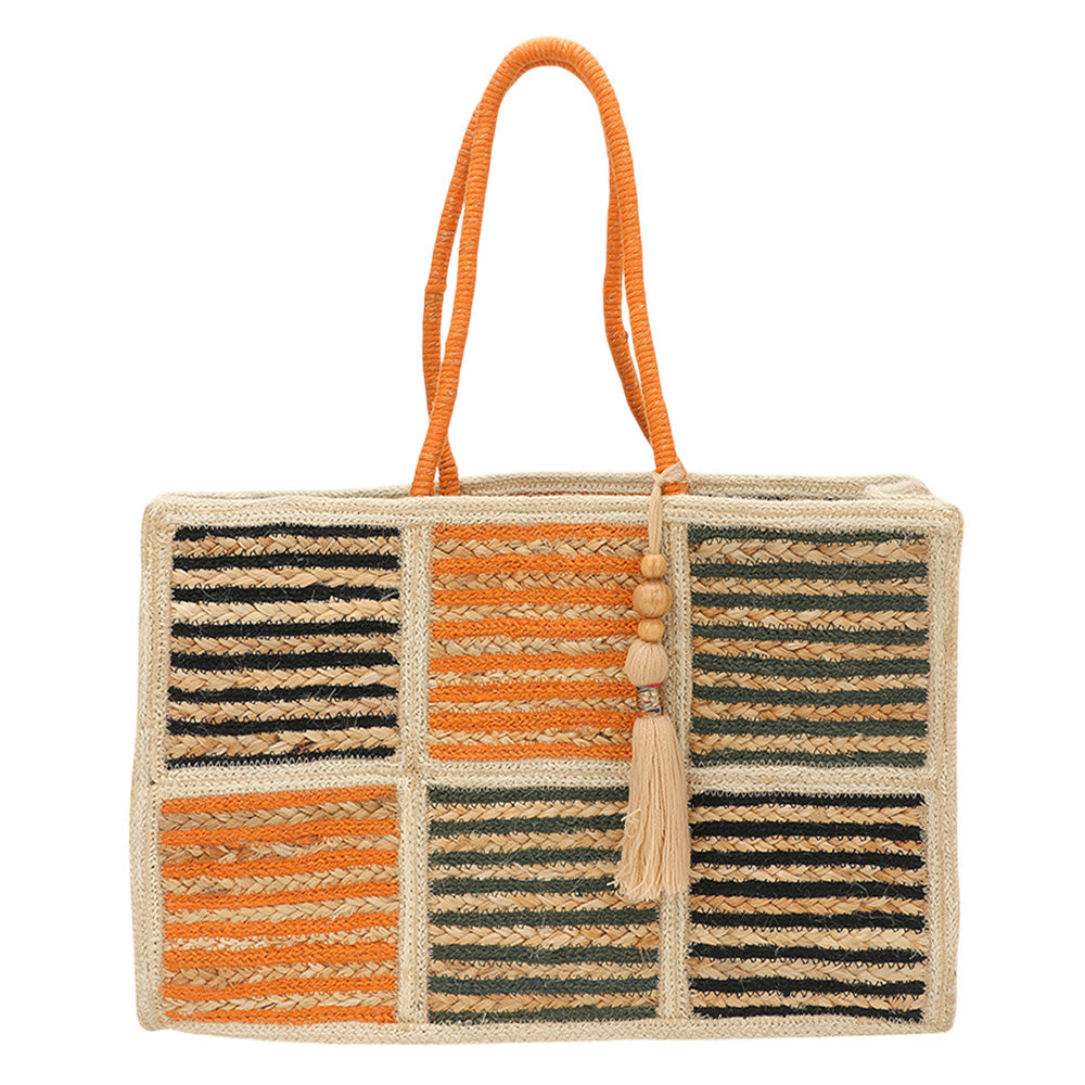 Woven Color Block Stripe Wooden Tassel Straw Tote Bag