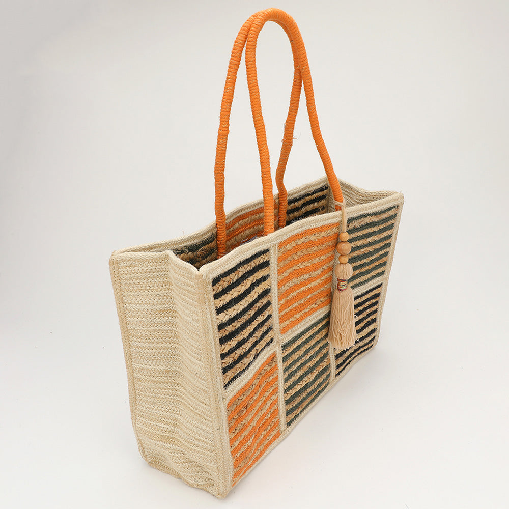Woven Color Block Stripe Wooden Tassel Straw Tote Bag