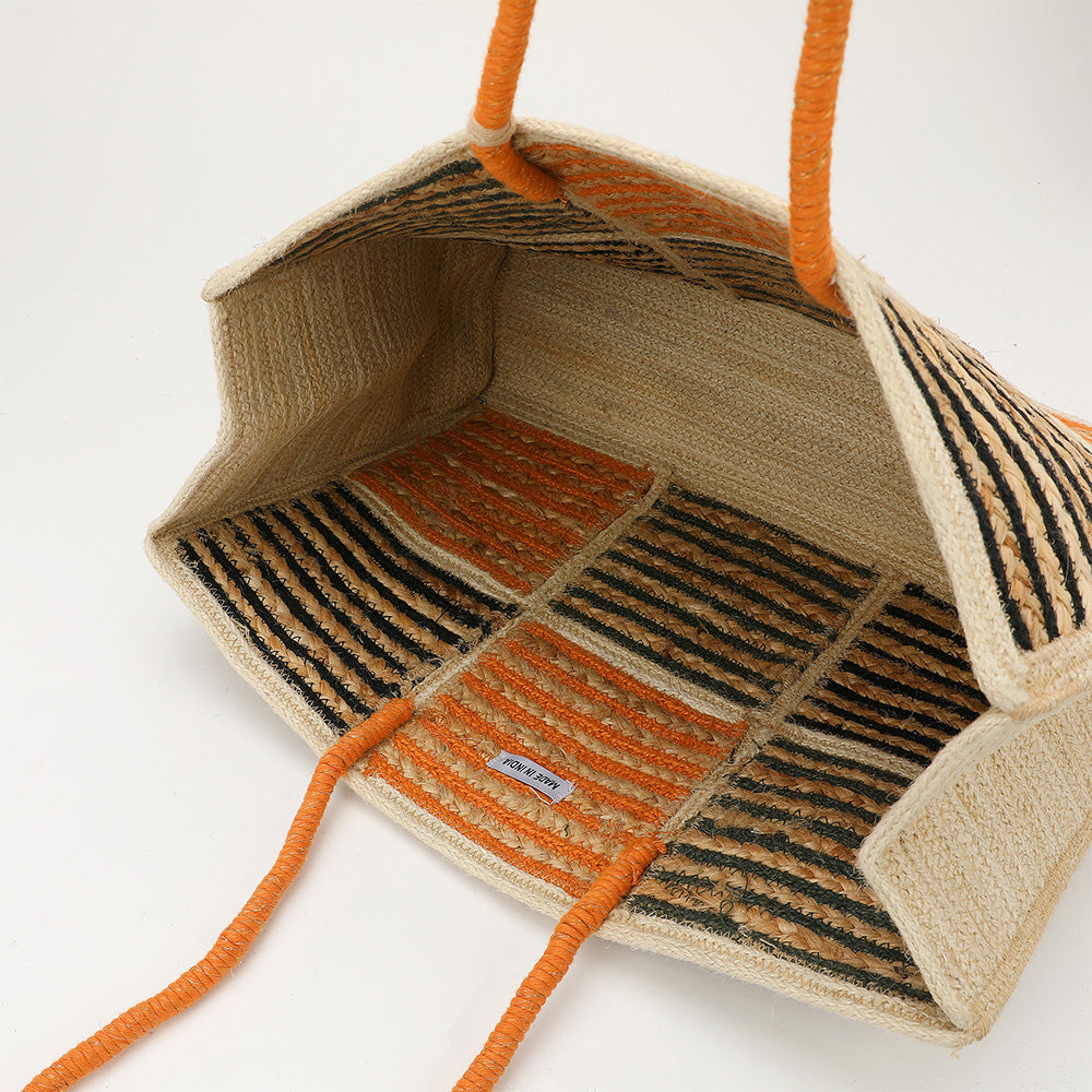 Woven Color Block Stripe Wooden Tassel Straw Tote Bag