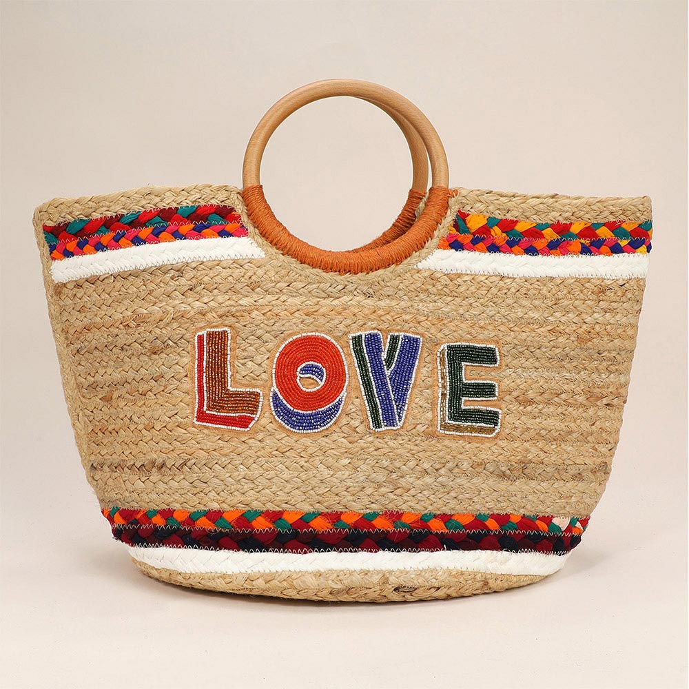 Seed Beaded LOVE Message Pointed Wooden Handle Jute Handbag