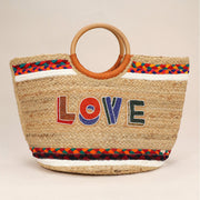Seed Beaded LOVE Message Pointed Wooden Handle Jute Handbag
