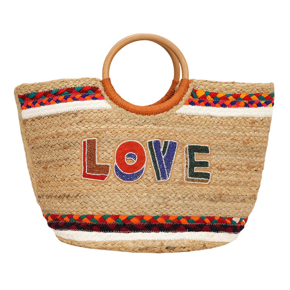 Seed Beaded LOVE Message Pointed Wooden Handle Jute Handbag