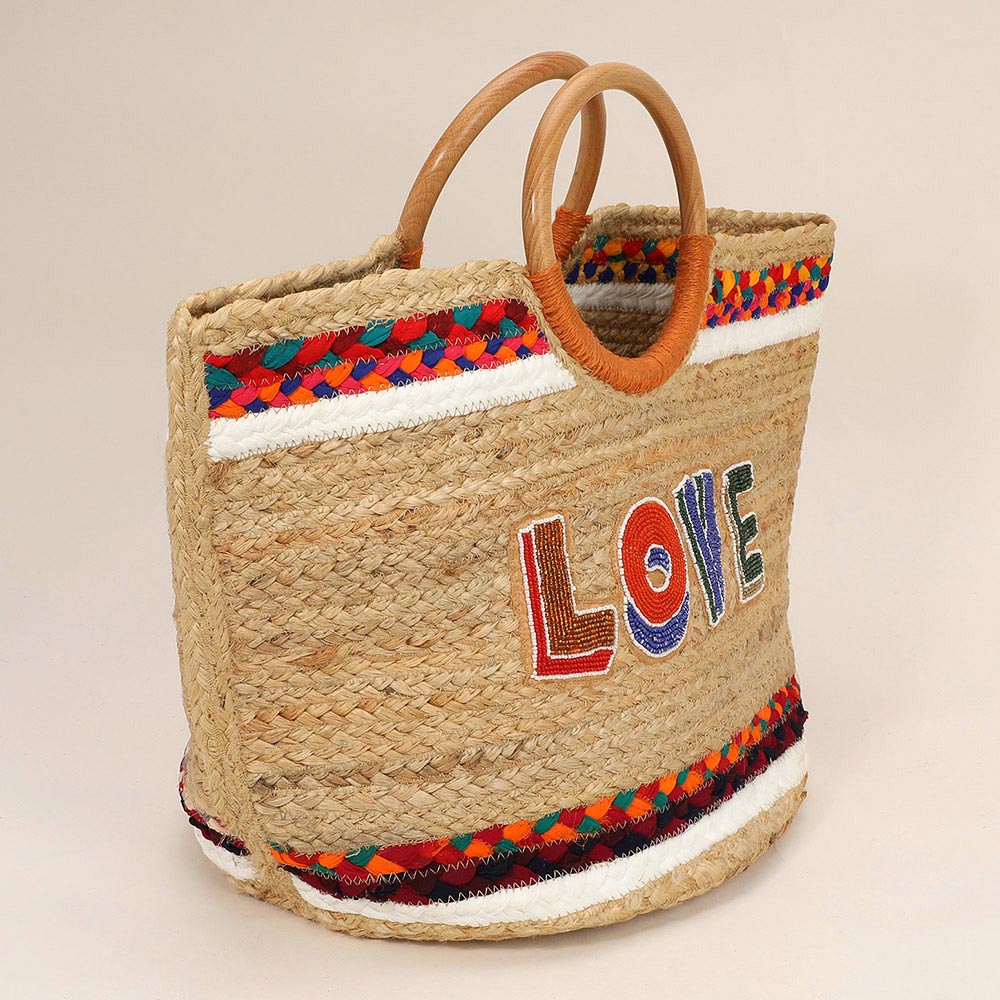 Seed Beaded LOVE Message Pointed Wooden Handle Jute Handbag
