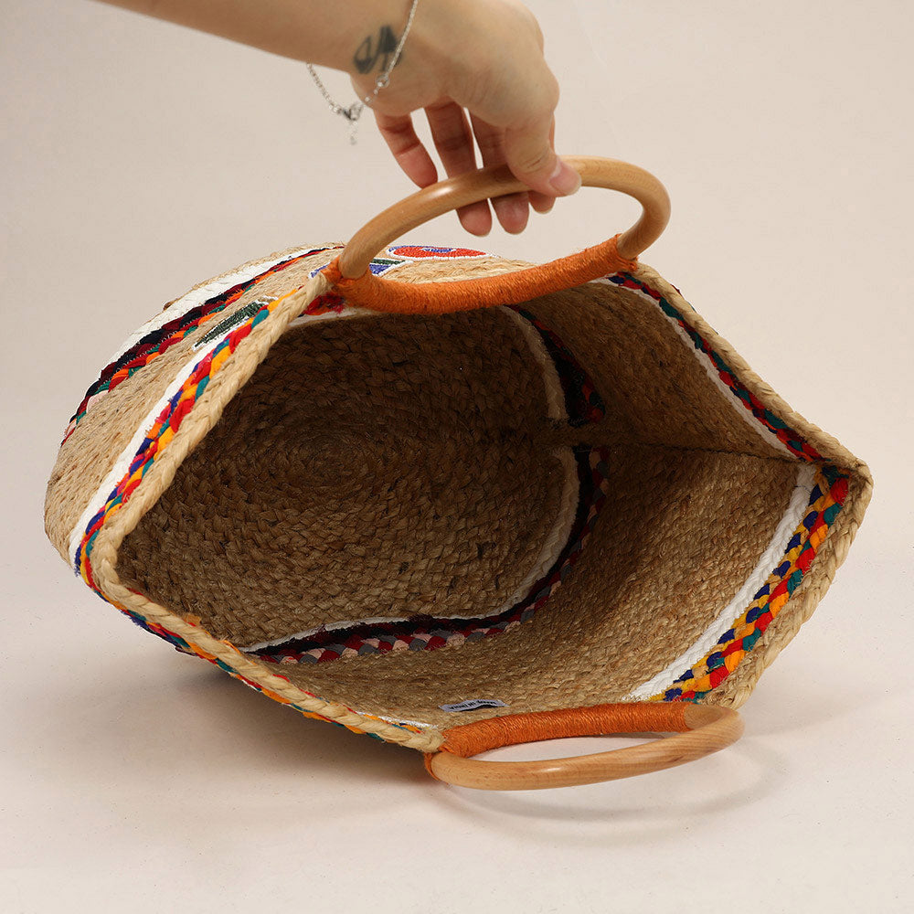 Seed Beaded LOVE Message Pointed Wooden Handle Jute Handbag