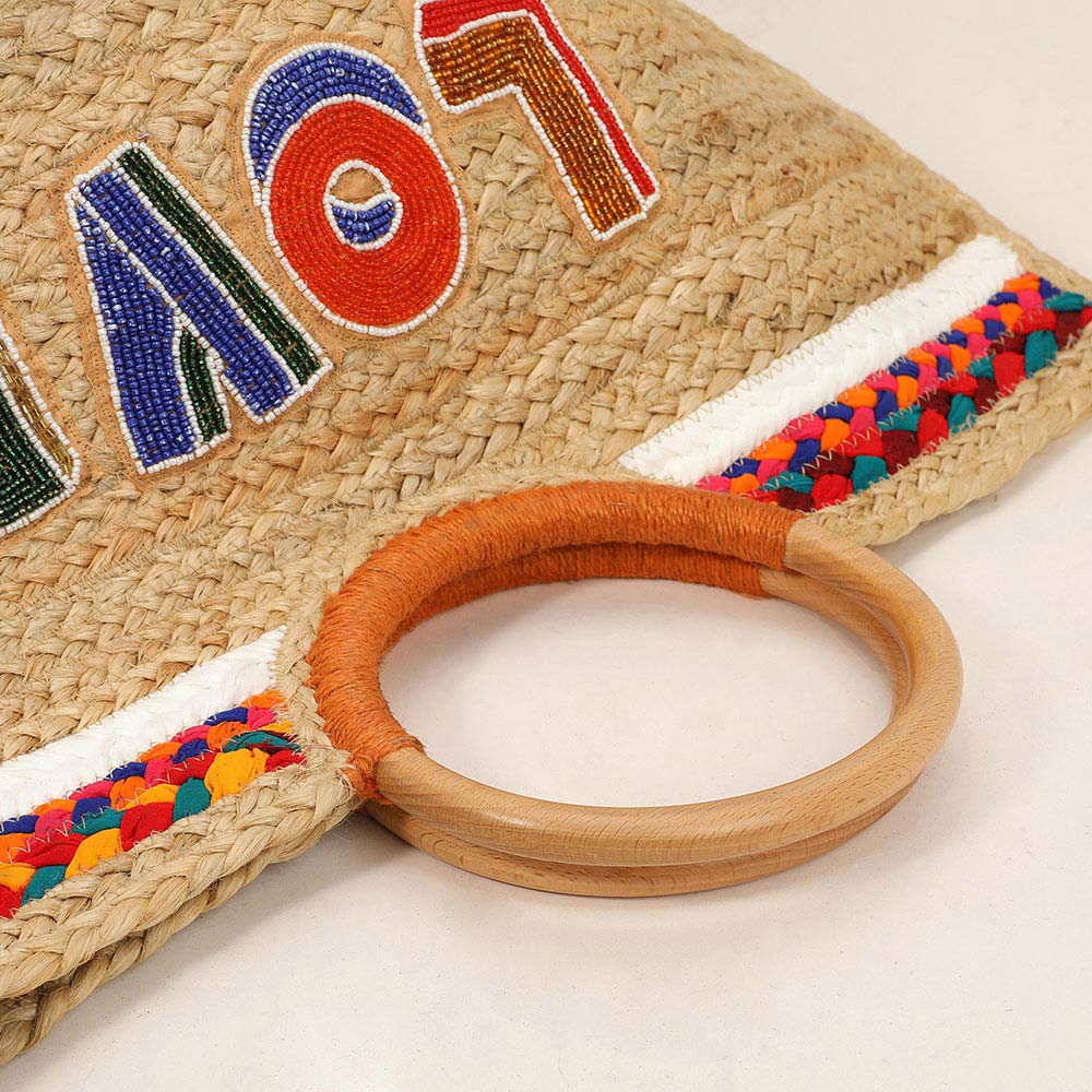 Seed Beaded LOVE Message Pointed Wooden Handle Jute Handbag