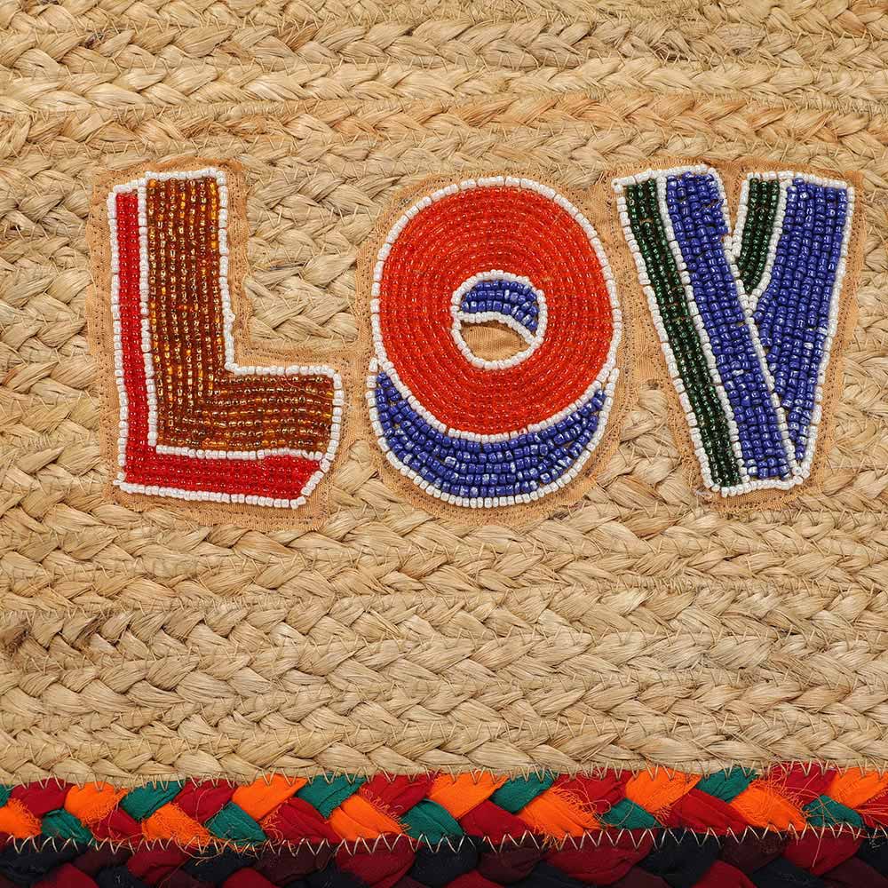 Seed Beaded LOVE Message Pointed Wooden Handle Jute Handbag