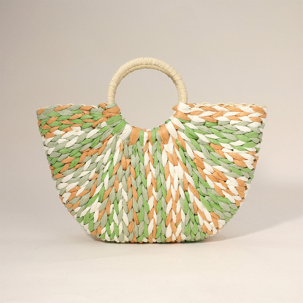 Multi Color Weave Round Handle Handwoven Natural Straw Handbag