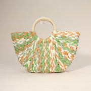 Multi Color Weave Round Handle Handwoven Natural Straw Handbag