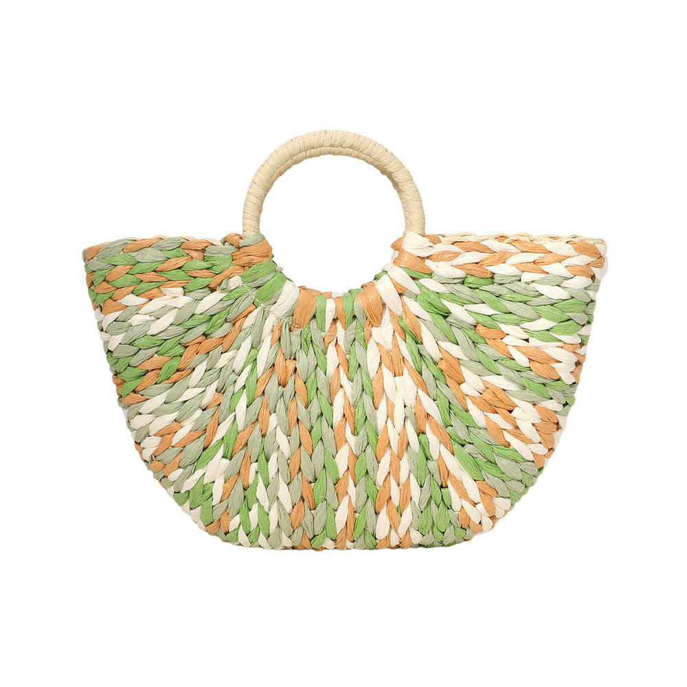 Multi Color Weave Round Handle Handwoven Natural Straw Handbag