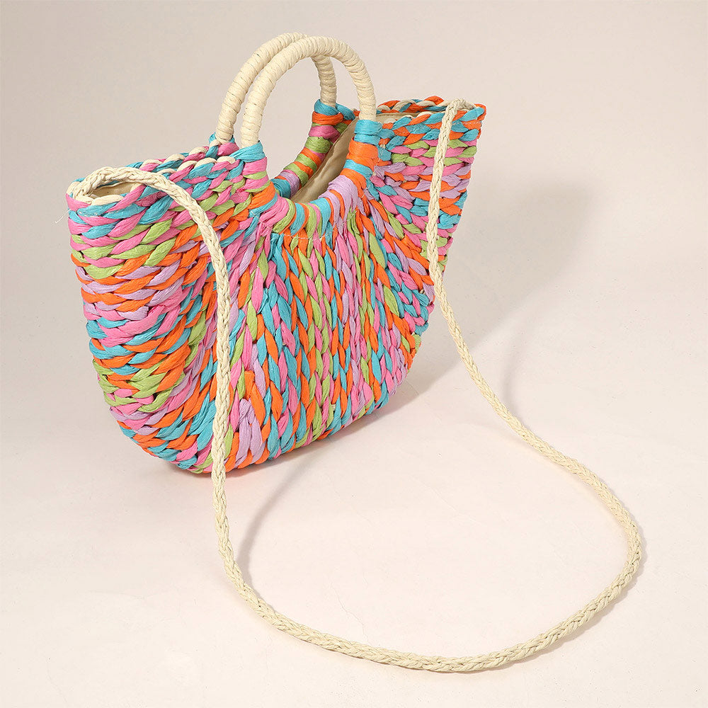 Multi Color Weave Round Handle Handwoven Natural Straw Handbag
