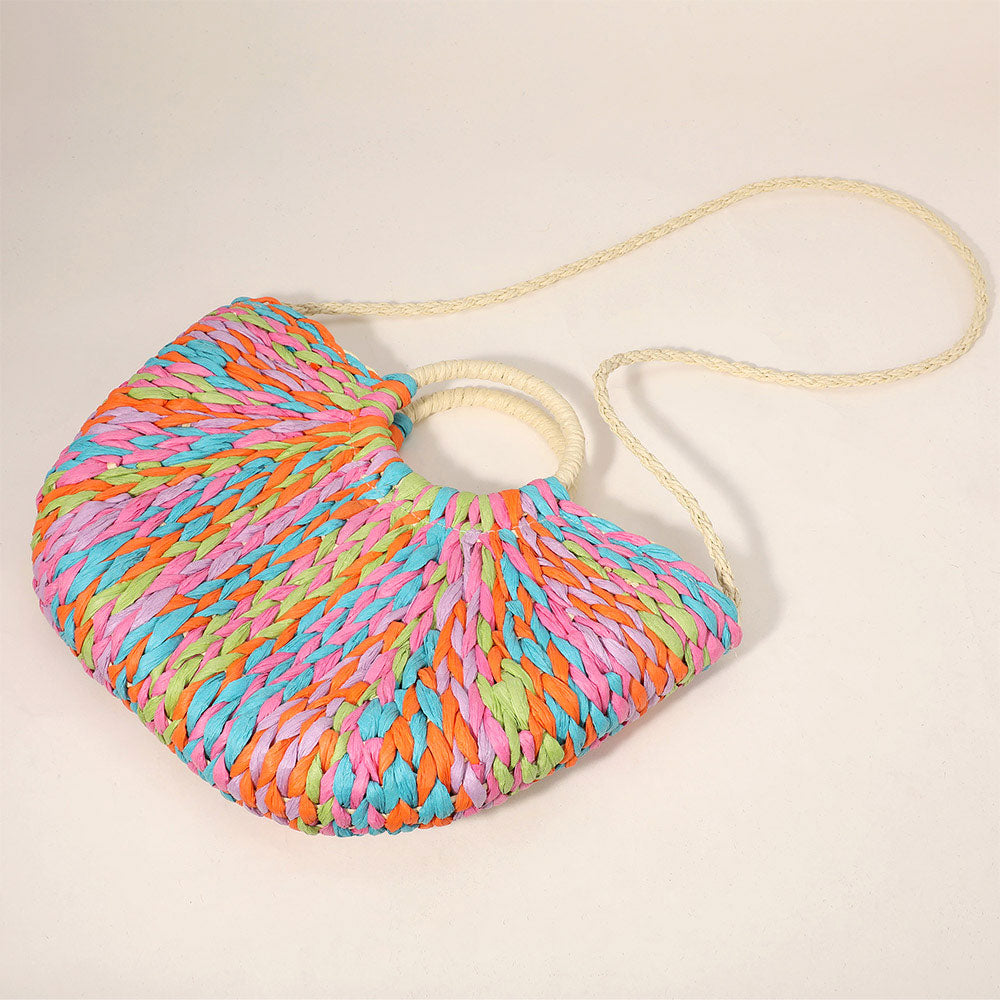 Multi Color Weave Round Handle Handwoven Natural Straw Handbag