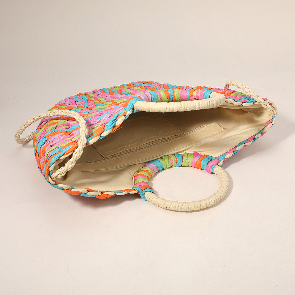 Multi Color Weave Round Handle Handwoven Natural Straw Handbag