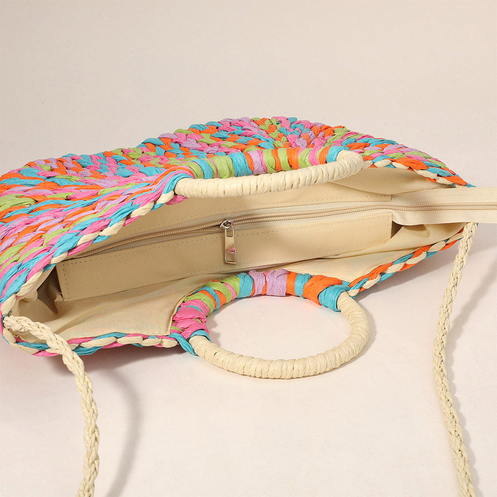 Multi Color Weave Round Handle Handwoven Natural Straw Handbag