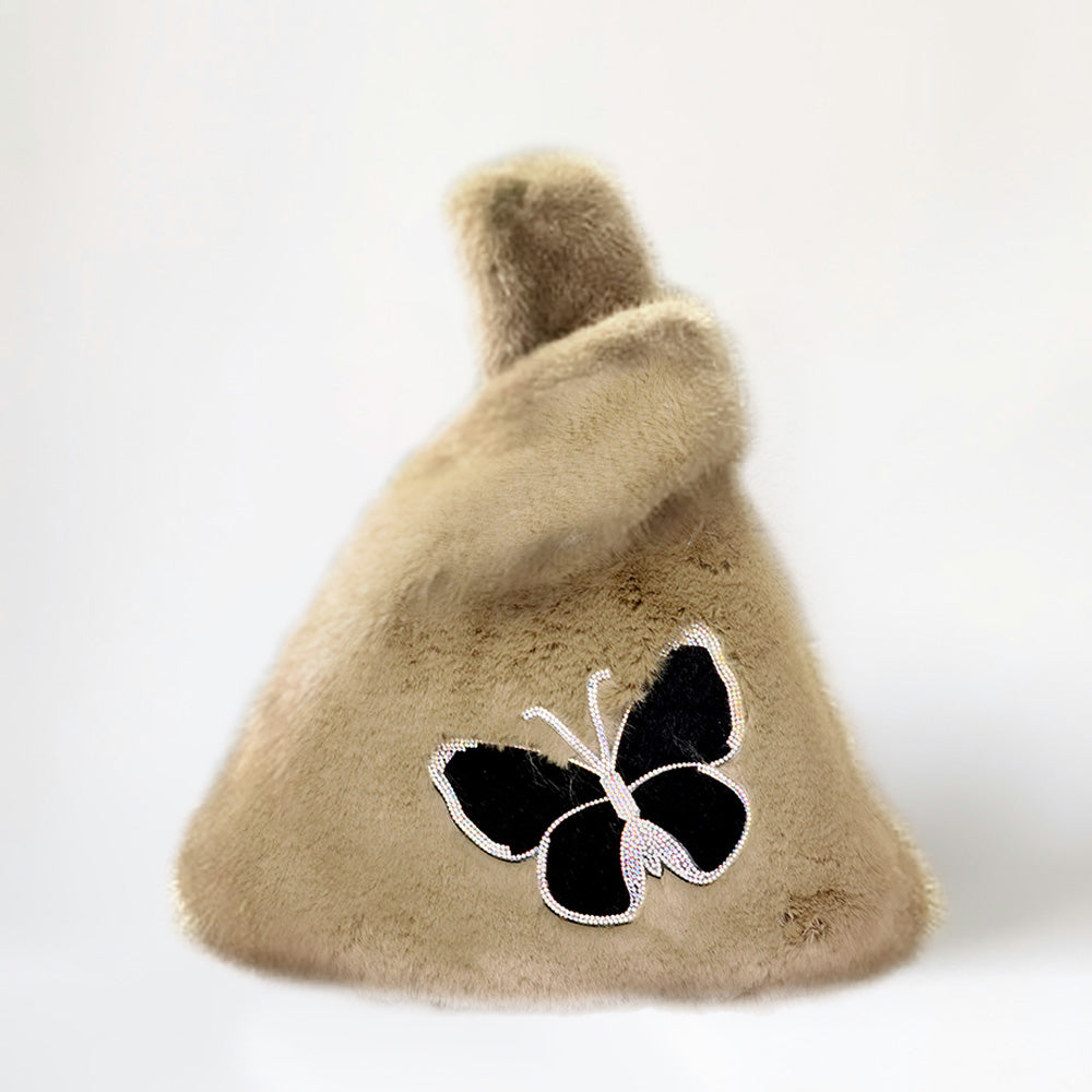Fluffy Faux Fur Butterfly Slouchy Tote Bag
