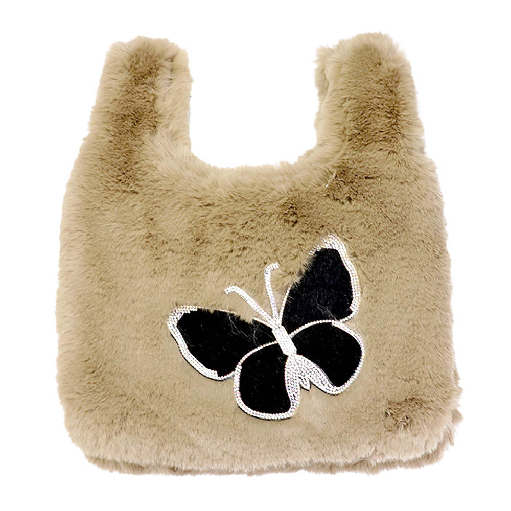 Fluffy Faux Fur Butterfly Slouchy Tote Bag