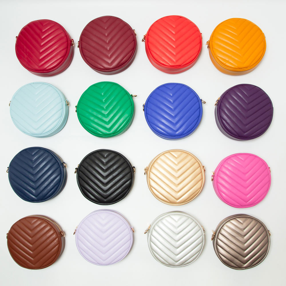 Chevron Patterned Faux Leather Round Crossbody Bag