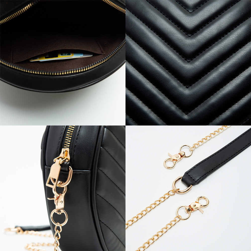 Chevron Patterned Faux Leather Round Crossbody Bag