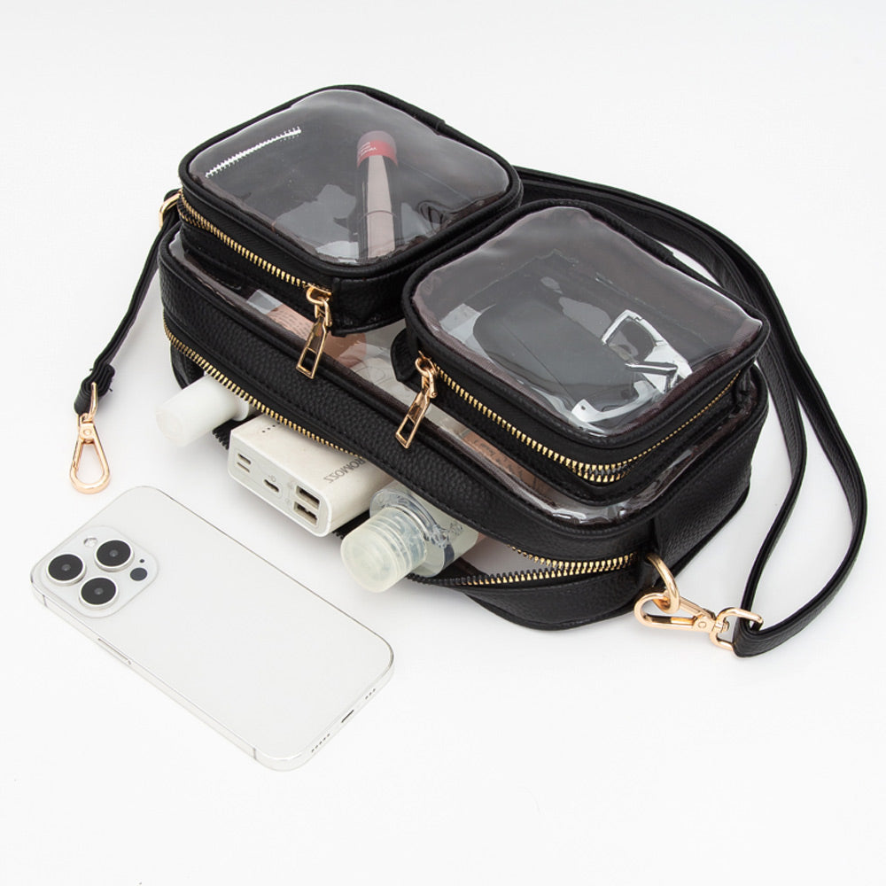 Dual Front Pocket Faux Leather Transparent Crossbody Bag