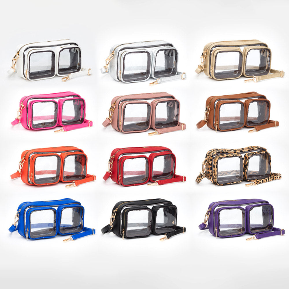 Dual Front Pocket Faux Leather Transparent Crossbody Bag