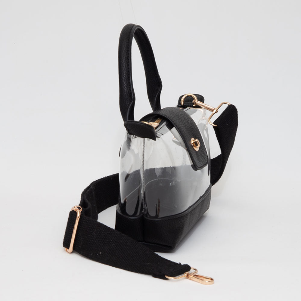 Faux Leather Compact Transparent Top Handle Crossbody Bag