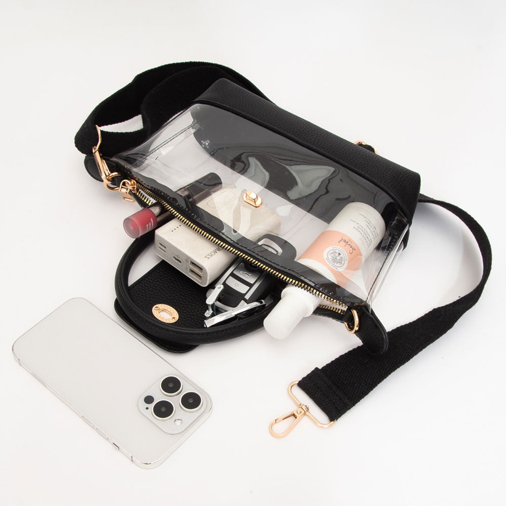 Faux Leather Compact Transparent Top Handle Crossbody Bag