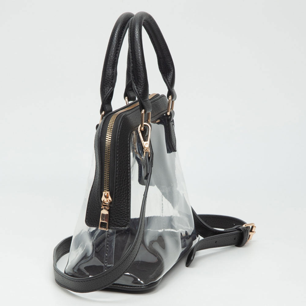 Faux Leather Trim Transparent Structured Top Handle Handbag / Crossbody Bag