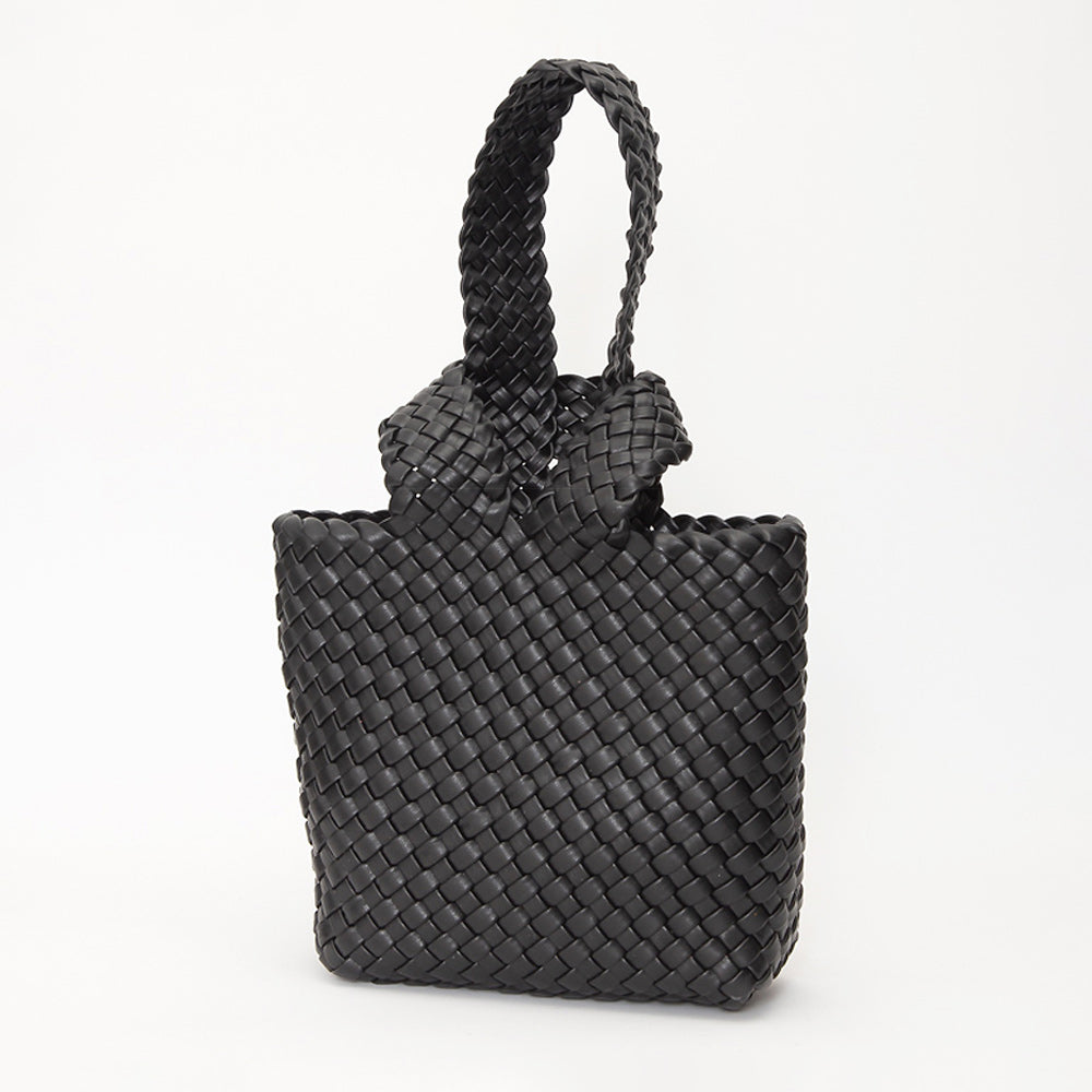 Faux Leather Basket Weave Knotted Handle Handbag