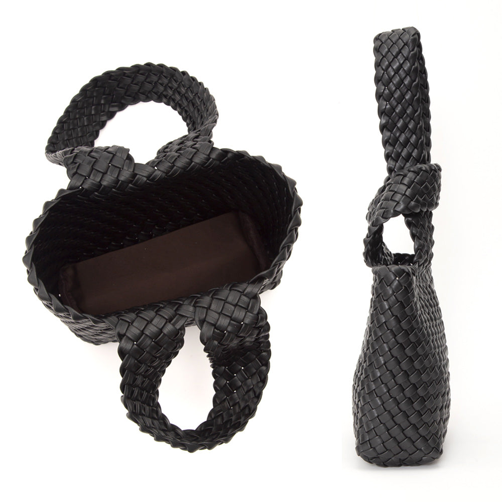 Faux Leather Basket Weave Knotted Handle Handbag