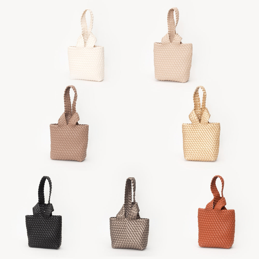Faux Leather Basket Weave Knotted Handle Handbag