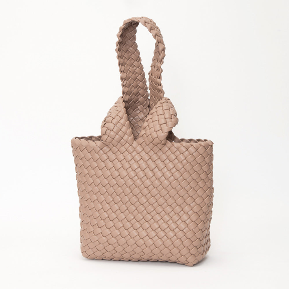 Faux Leather Basket Weave Knotted Handle Handbag