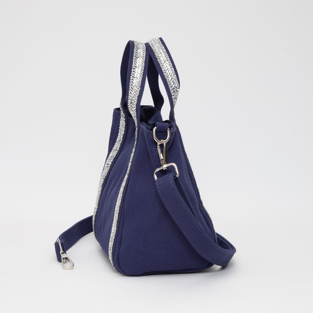 Rhinestone Embellished Strap Accent Mini Canvas Tote Bag / Crossbody Bag