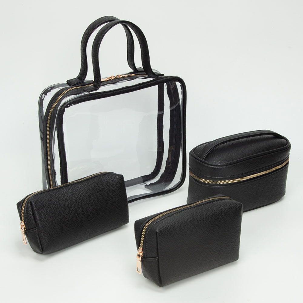4PCS - Transparent Faux Leather Travel Cosmetic Bag Set