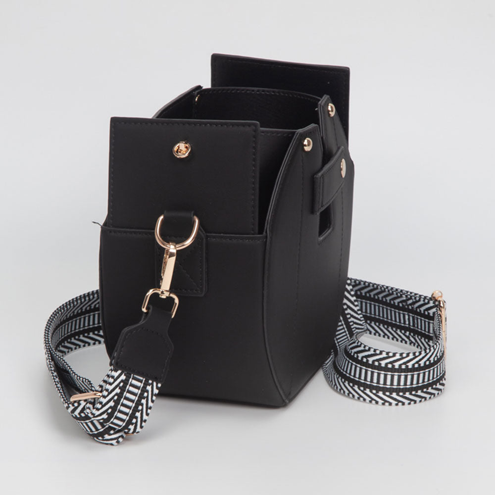 Faux Leather Functional Tumbler Crossbody Bucket Bag