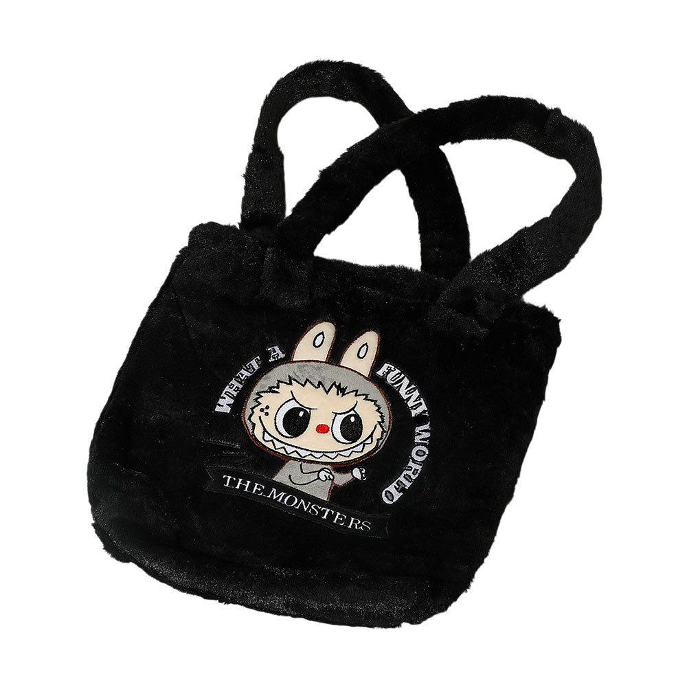 Monster Bunny Character Embroidered Faux Fur Plush Tote Bag