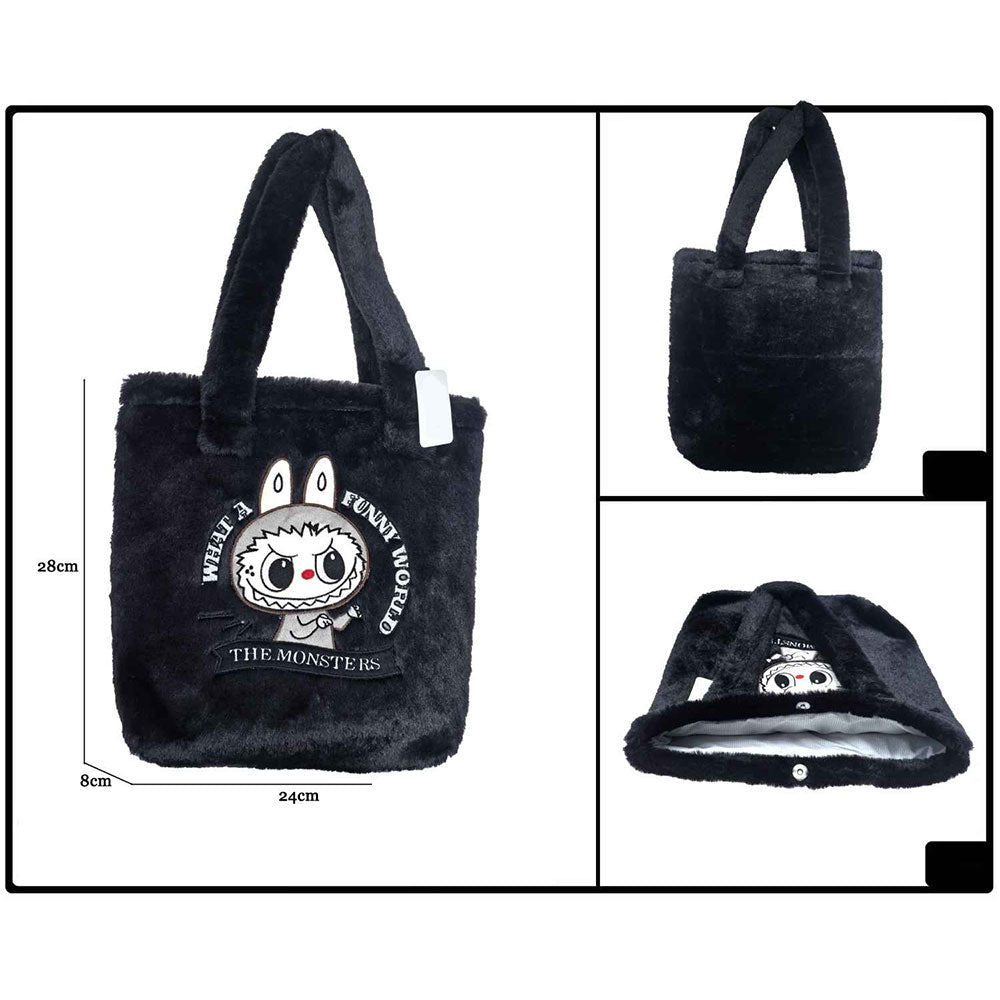 Monster Bunny Character Embroidered Faux Fur Plush Tote Bag