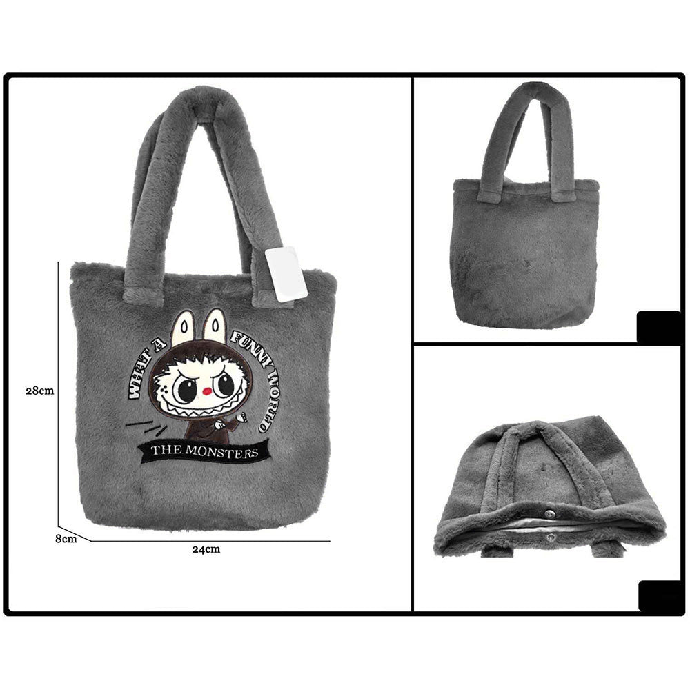 Monster Bunny Character Embroidered Faux Fur Plush Tote Bag
