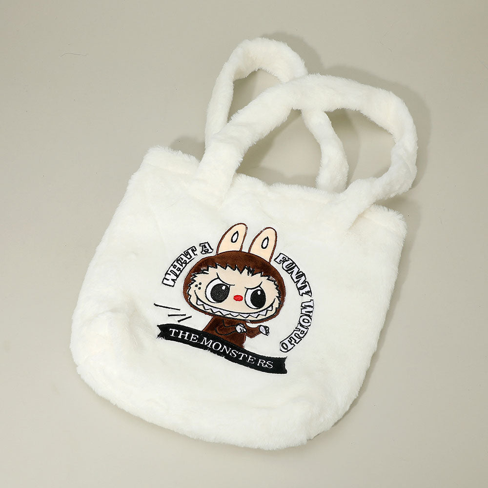 Monster Bunny Character Embroidered Faux Fur Plush Tote Bag