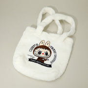 Monster Bunny Character Embroidered Faux Fur Plush Tote Bag