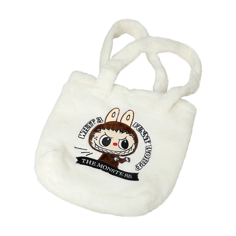 Monster Bunny Character Embroidered Faux Fur Plush Tote Bag