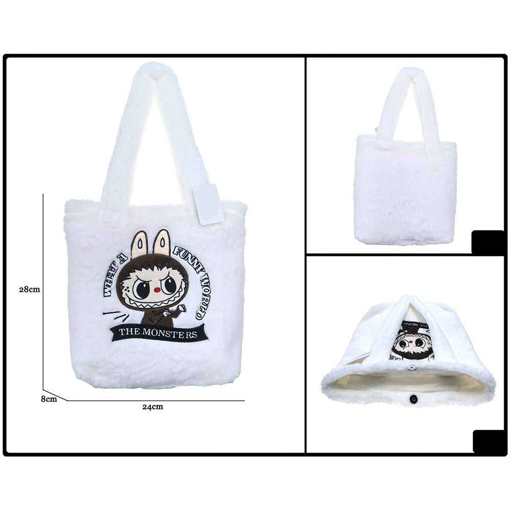 Monster Bunny Character Embroidered Faux Fur Plush Tote Bag