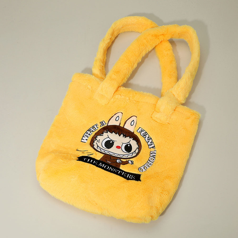 Monster Bunny Character Embroidered Faux Fur Plush Tote Bag
