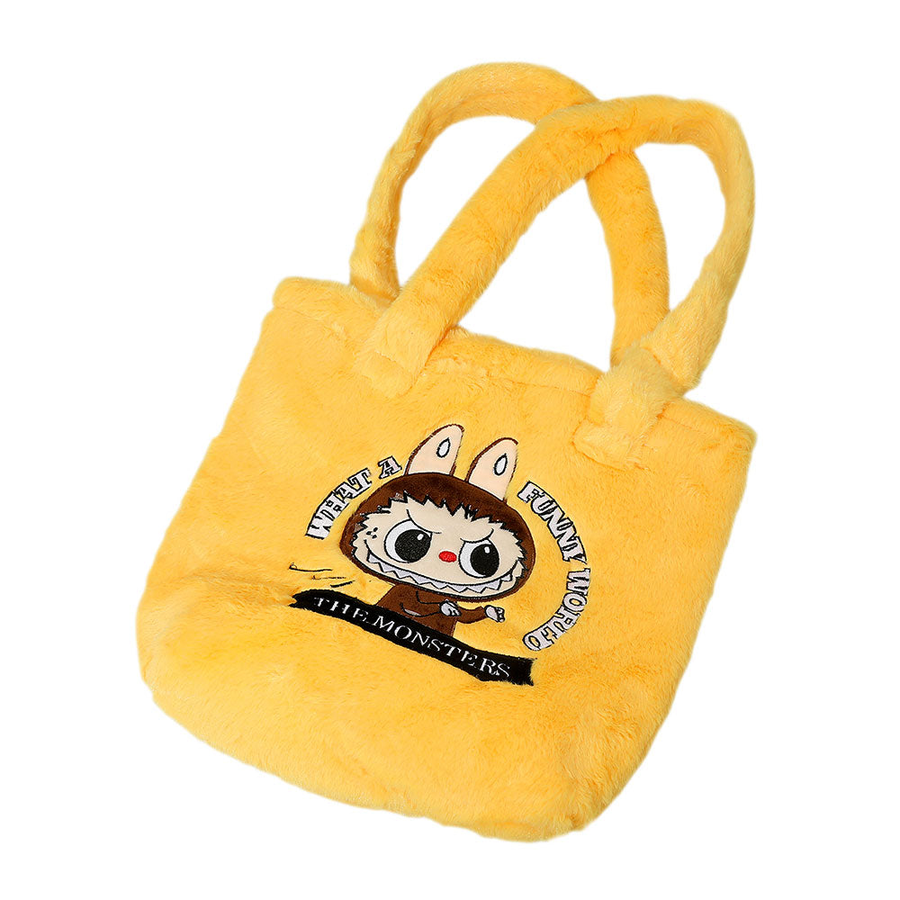 Monster Bunny Character Embroidered Faux Fur Plush Tote Bag
