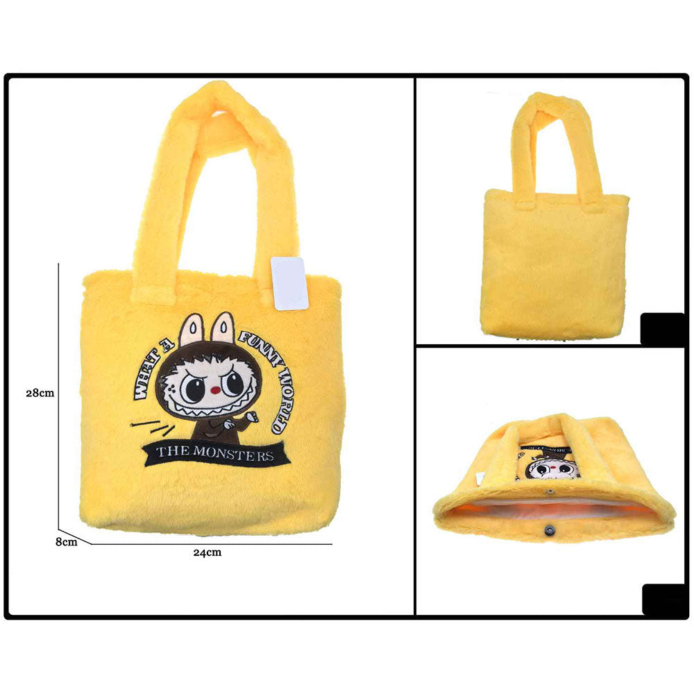 Monster Bunny Character Embroidered Faux Fur Plush Tote Bag