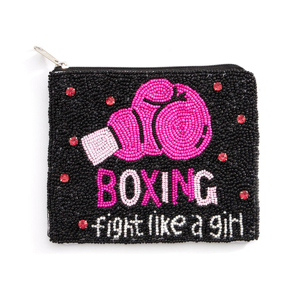 Boxing Fight Like a Girl Message Seed Beaded Mini Pouch Bag