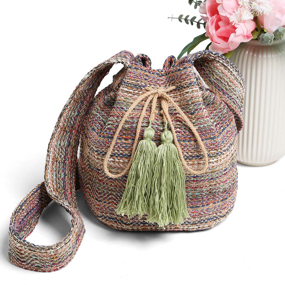 Boho Woven Tassel Bucket Shoulder Bag / Crossbody Bag