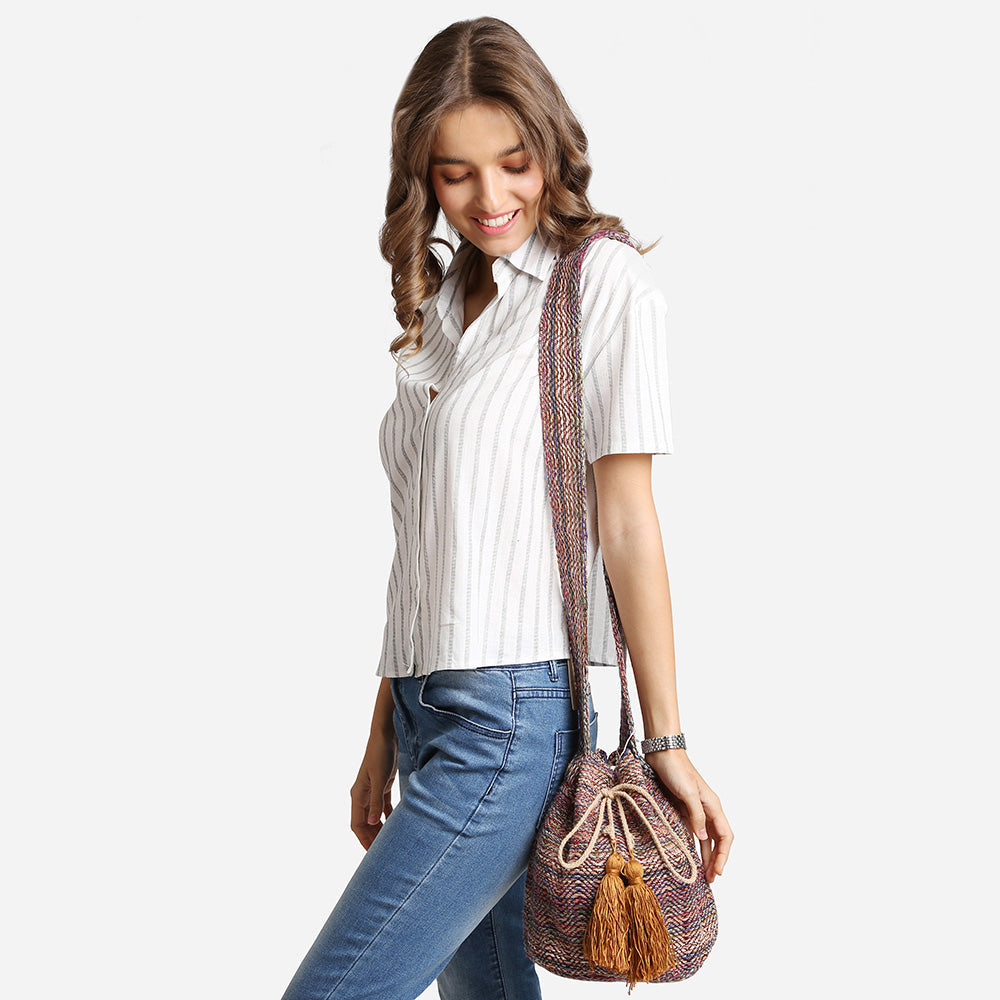 Boho Woven Tassel Bucket Shoulder Bag / Crossbody Bag